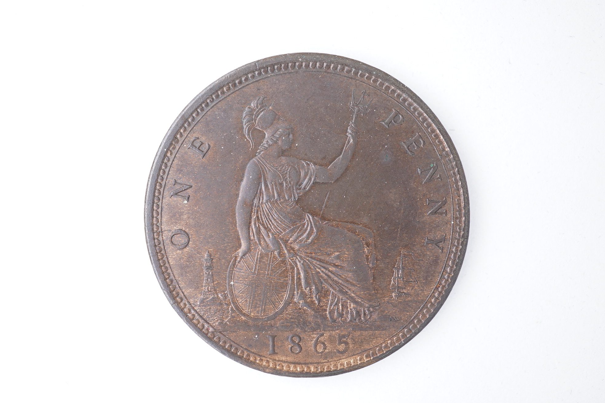 British coins, Victoria, bronze penny, 1865, 5 over 3, Fr. 51, Gouby dies J/g, EF, some lustre, particularly scarce in this grade